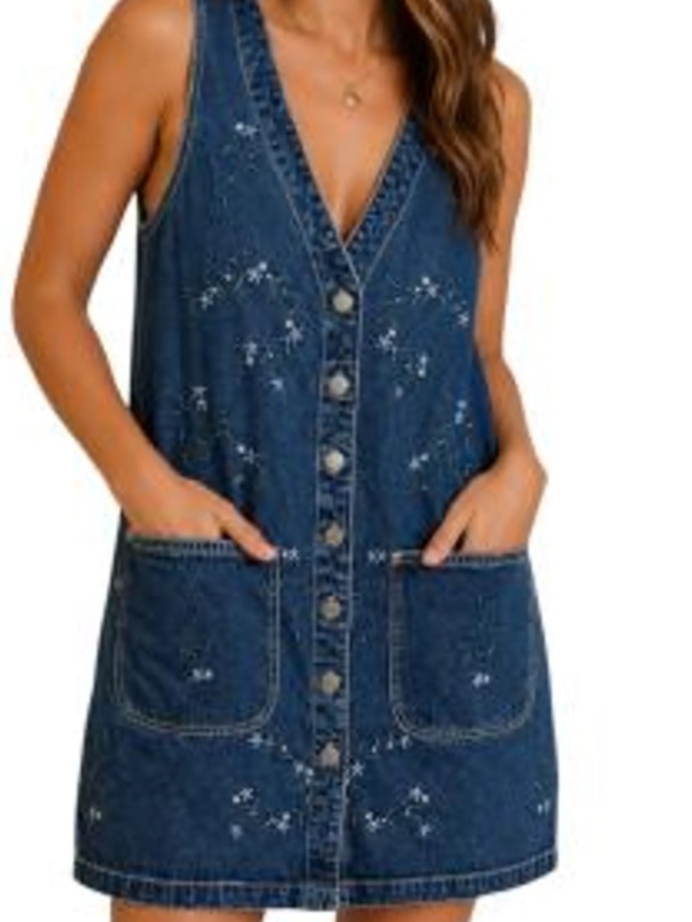 100% cotton denim embroidered dress.
